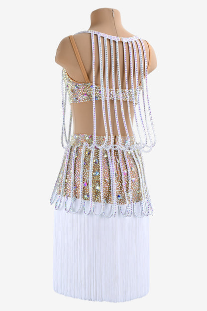 Permino white Latin dress with beaded fringe, stone fringes and AB stone