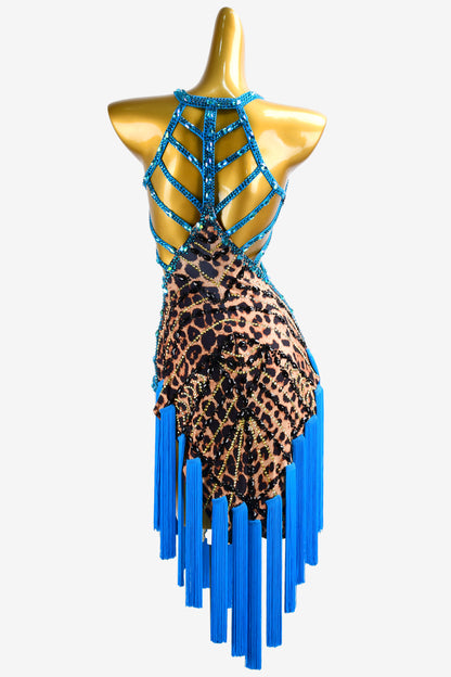 Permino leopard print Latin dress with AB stone and tassels