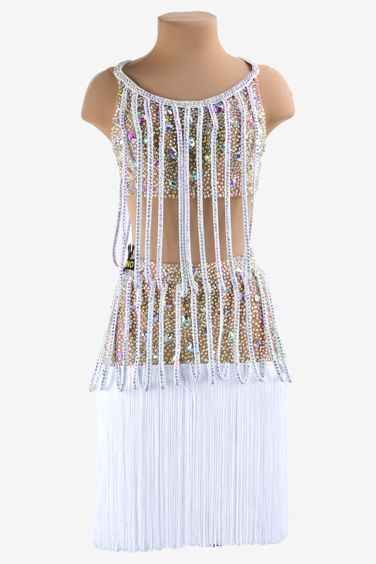 Permino white Latin dress with beaded fringe, stone fringes and AB stone