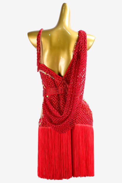 Permino china red Latin dress with AB stone, beaded fringe and fringe