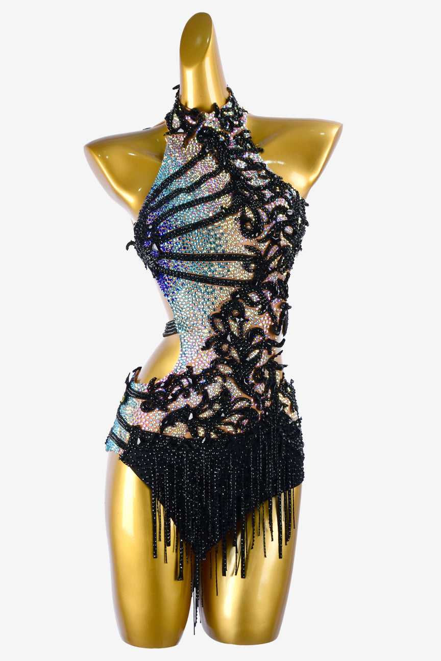 Permino black matt lycra Latin dress with colorful crystal AB, black stone fringes & lace appliqués